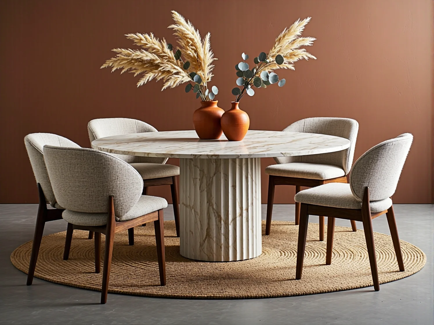 Jasna jadalnia ze złotymi dodatkami i jasnym marmurowym blatem, ponadczasowe i eleganckie wnętrze.