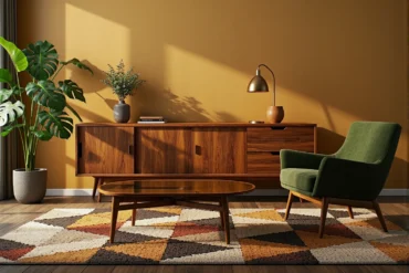 Niska komoda drewniana orzechowa z przesuwnymi drzwiami retro