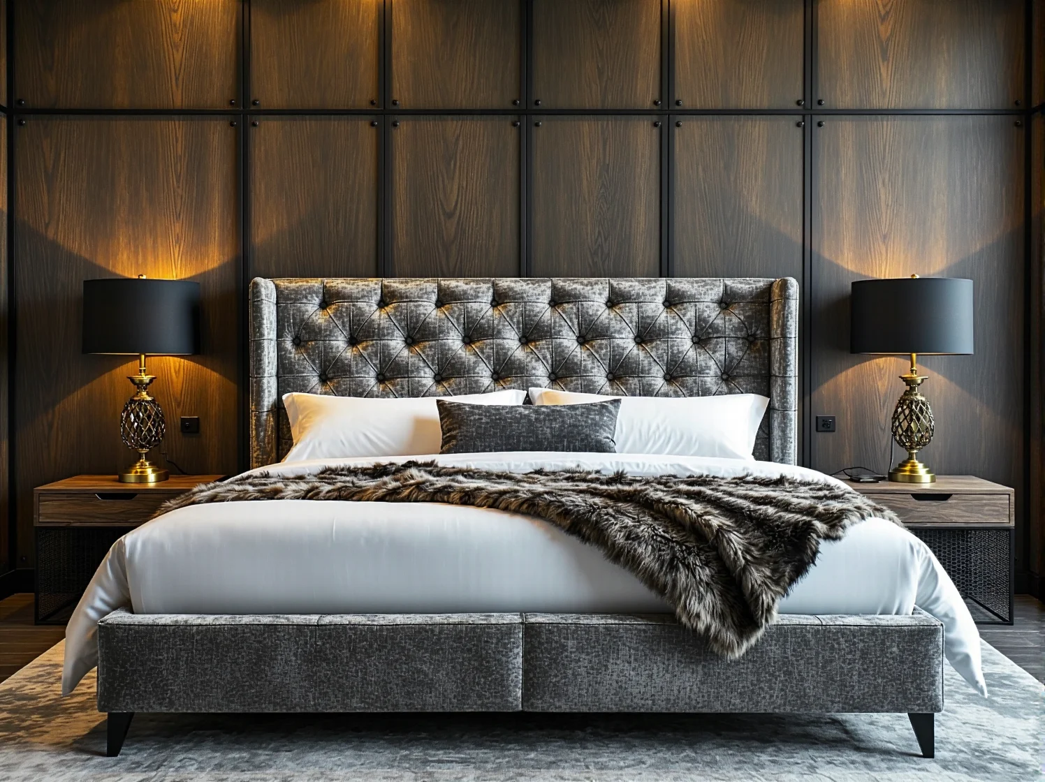 Lśniący kryształowy żyrandol zawieszony nad metalowym stołem w lofcie.