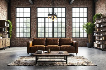 Brązowa skórzana sofa trzyosobowa na ciemnych nóżkach