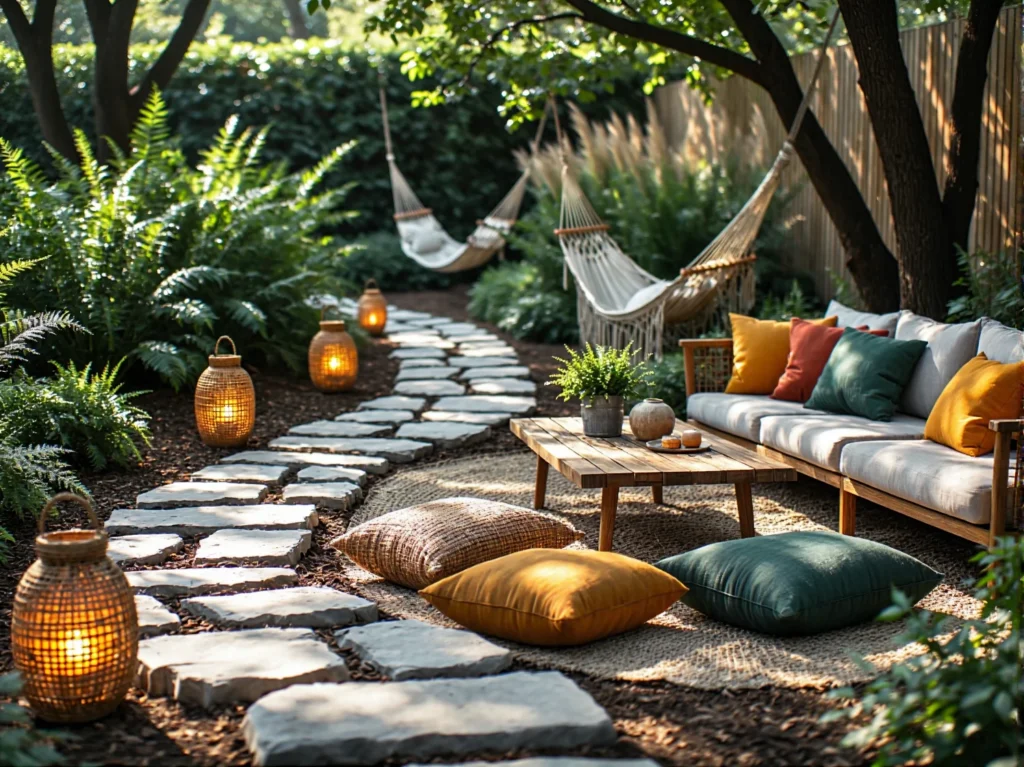 Sofa ogrodowa drewniana z jasnymi poduszkami i stolikiem kawowym