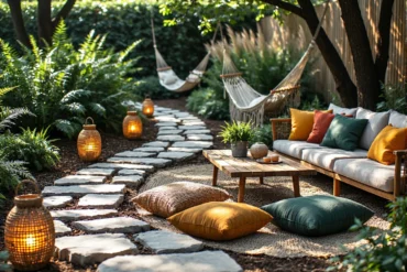 Sofa ogrodowa drewniana z jasnymi poduszkami i stolikiem kawowym