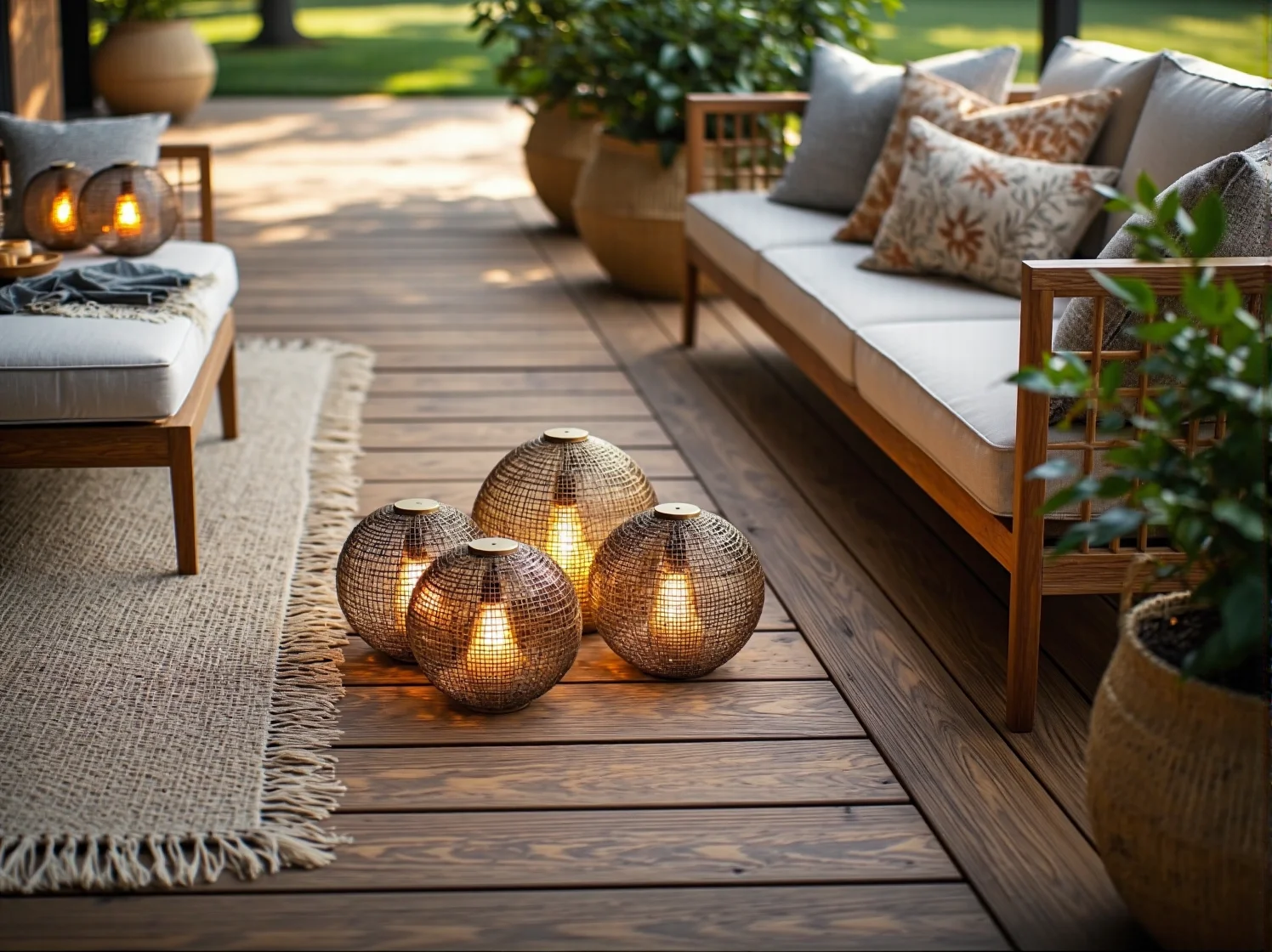 Ciepłe światło latarenek ogrodowych podkreślające piękno roślinności boho