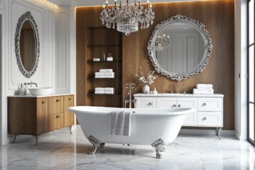 Biała szafka łazienkowa z szufladami i marmurowym blatem