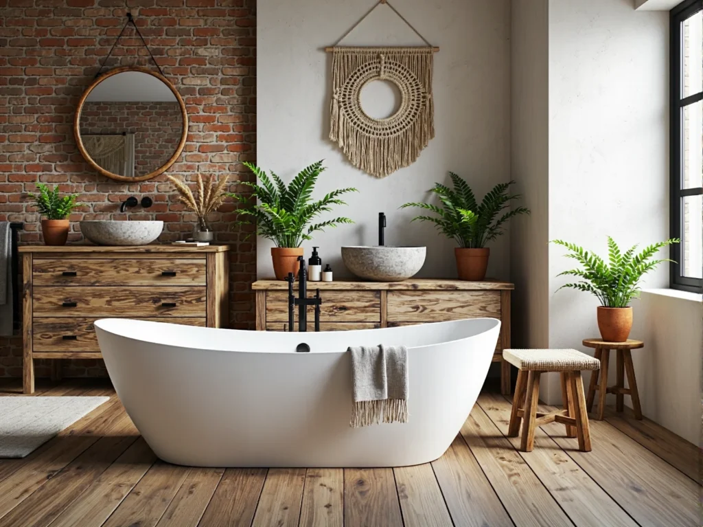 Drewniana szafka łazienkowa z szufladami i kamiennymi umywalkami