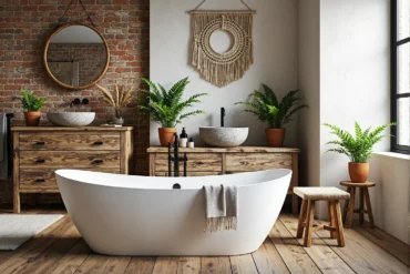 Drewniana szafka łazienkowa z szufladami i kamiennymi umywalkami