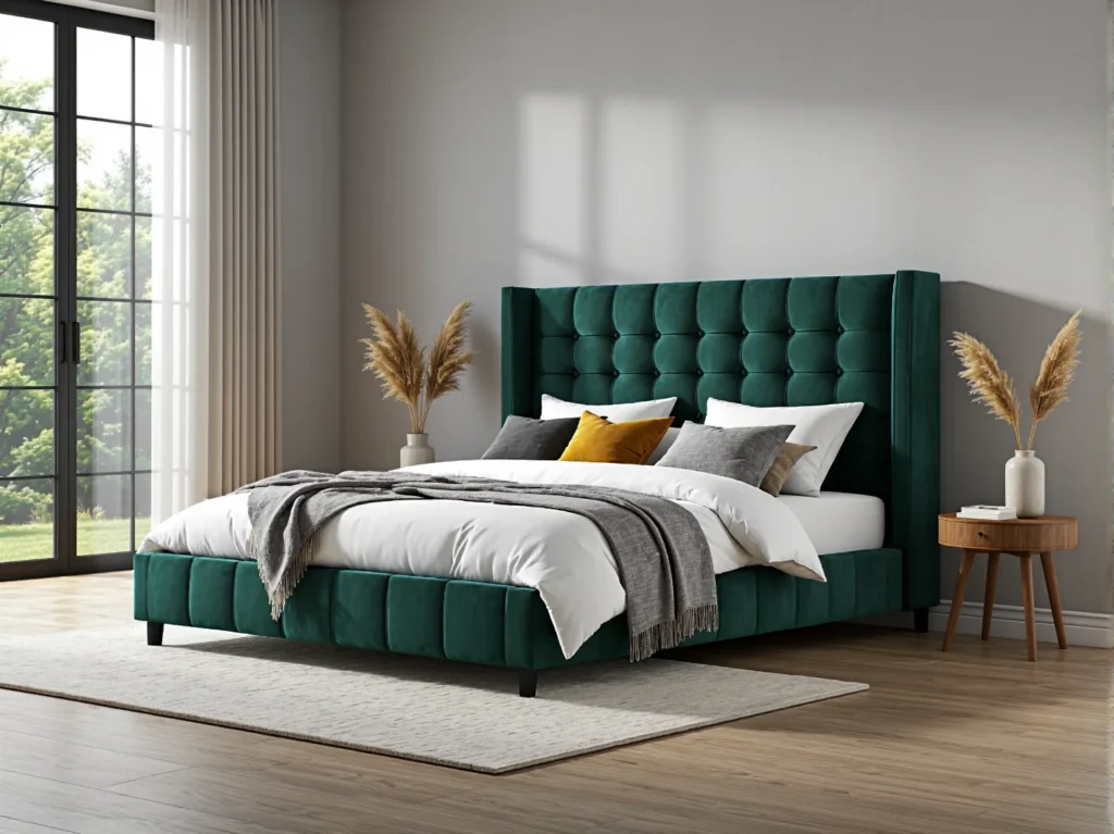 Tapicerowane łóżko welurowe zielone z pikowanym zagłówkiem