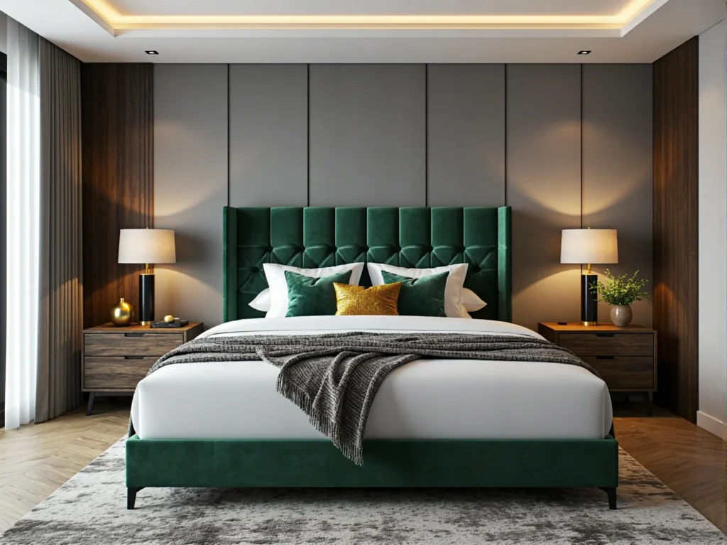 Tapicerowane łóżko dwuosobowe zielone z pikowanym zagłówkiem welurowym