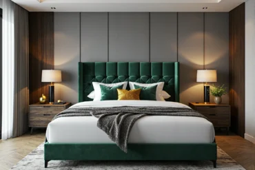 Tapicerowane łóżko dwuosobowe zielone z pikowanym zagłówkiem welurowym