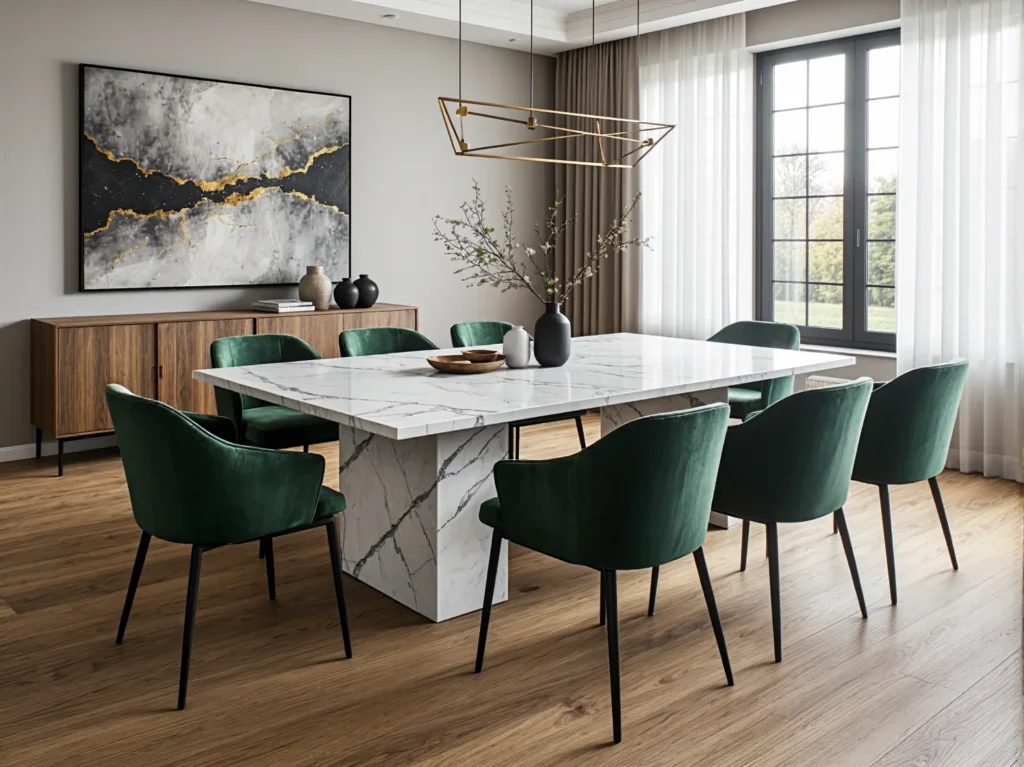 Biały marmurowy stół jadalniany z zielonymi welurowymi krzesłami