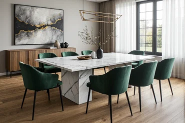 Biały marmurowy stół jadalniany z zielonymi welurowymi krzesłami