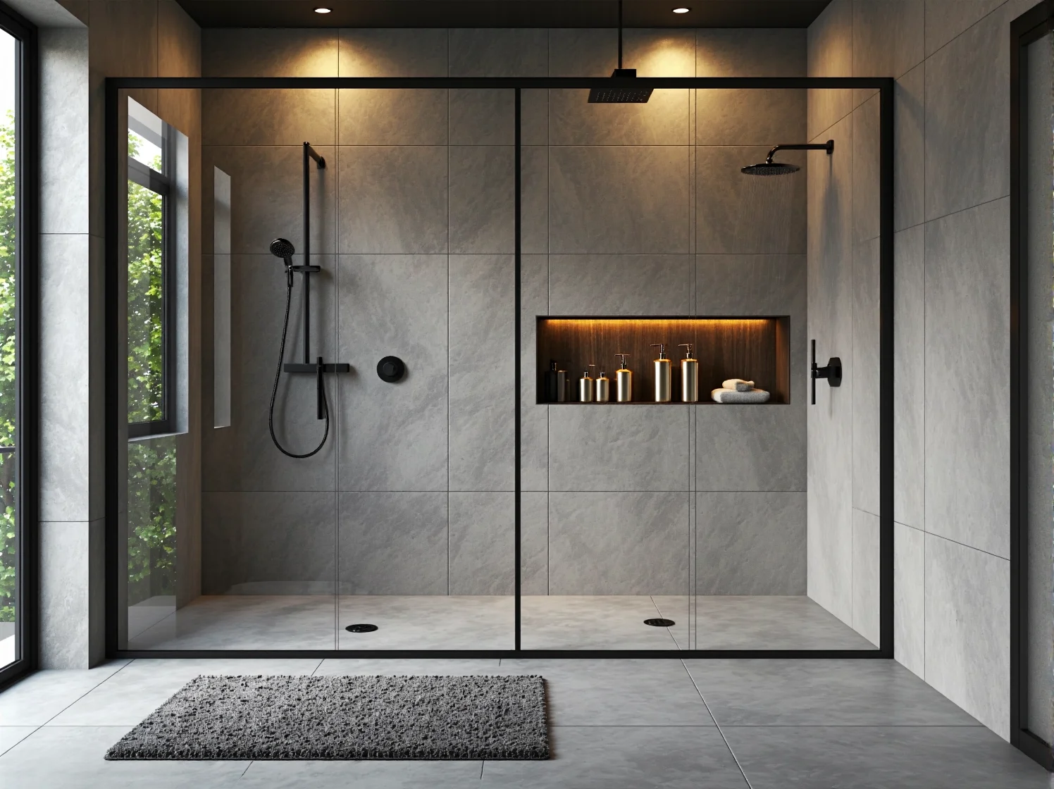 Czarne i złote dozowniki na mydło podkreślające luksusowy wystrój wnętrza.