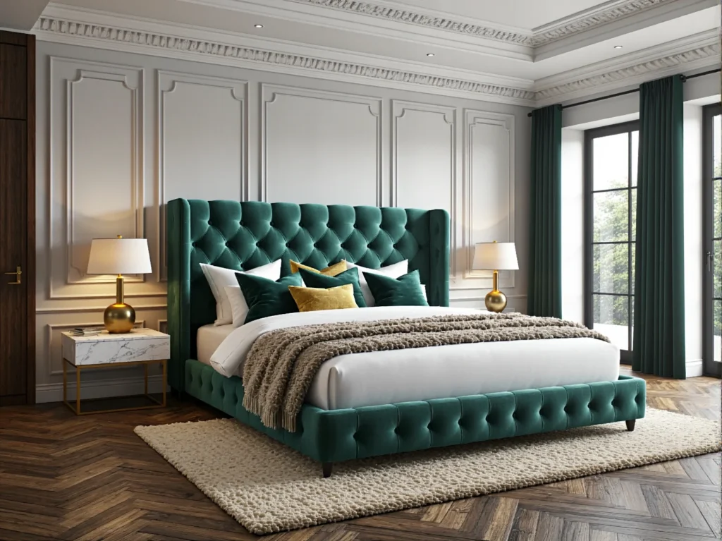 Tapicerowane łóżko welurowe zielone z pikowanym zagłówkiem chesterfield