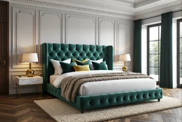 Tapicerowane łóżko welurowe zielone z pikowanym zagłówkiem chesterfield