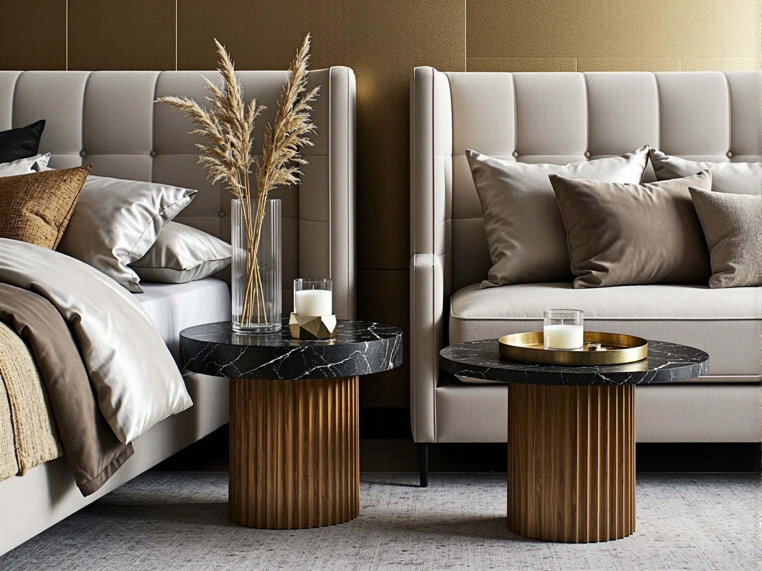 Luksusowe łóżko kontynentalne z tapicerowanym zagłówkiem w eleganckiej sypialni