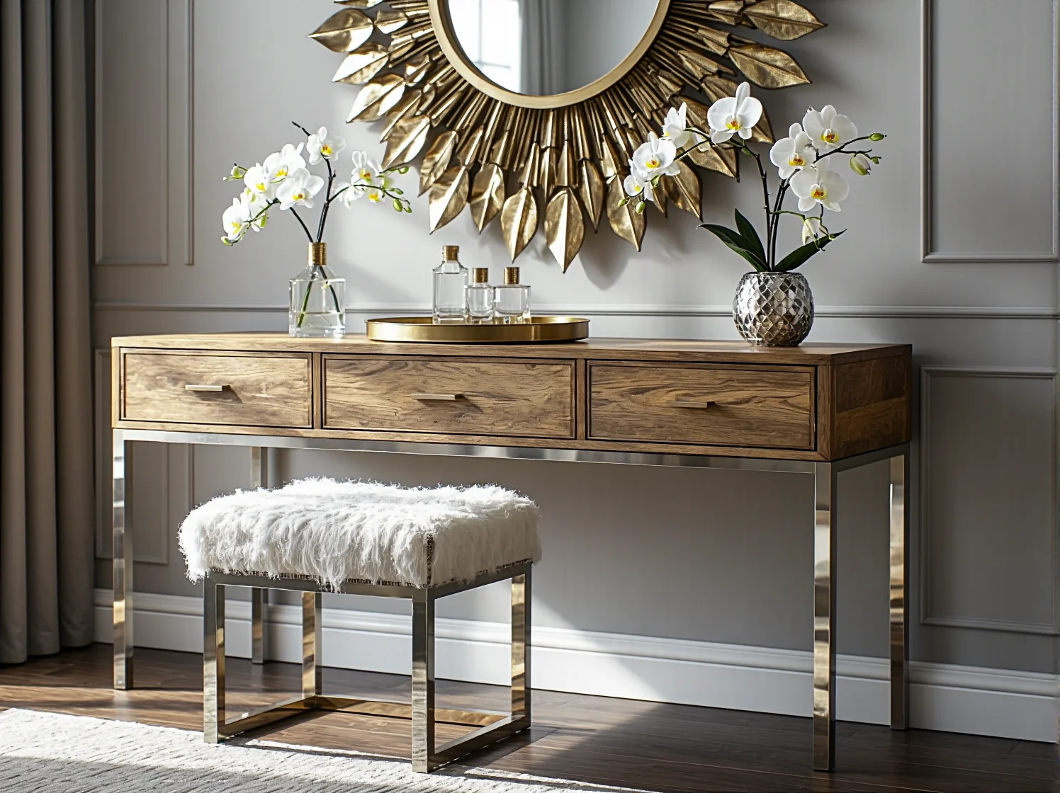 Luksusowy salon w stylu glamour z eleganckimi meblami i złotymi dodatkami.