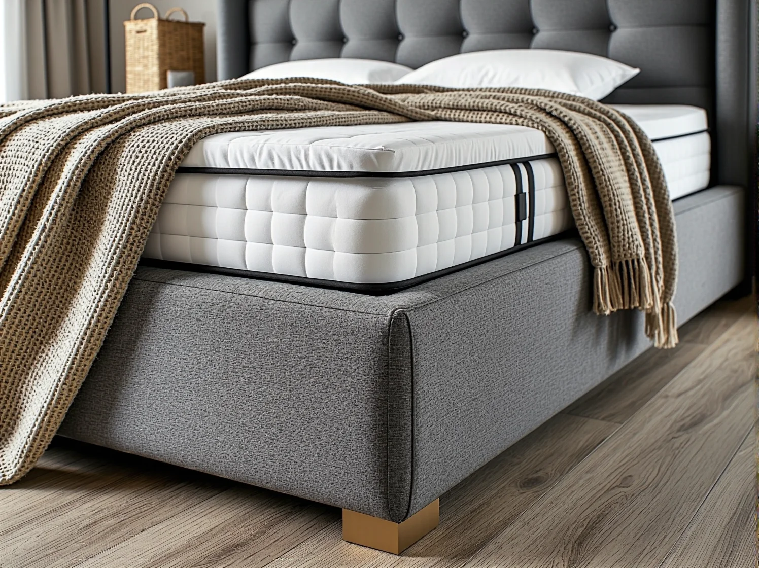 Wysoki i komfortowy materac łóżka kontynentalnego zapewniający luksusowy sen w przytulnej sypialni.