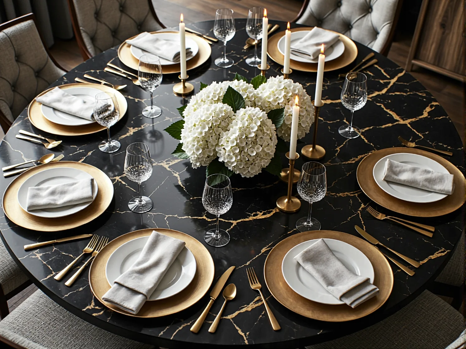 Luksusowe detale: złote nogi i marmurowy blat stołu rozkładanego glamour do eleganckiego wnętrza.