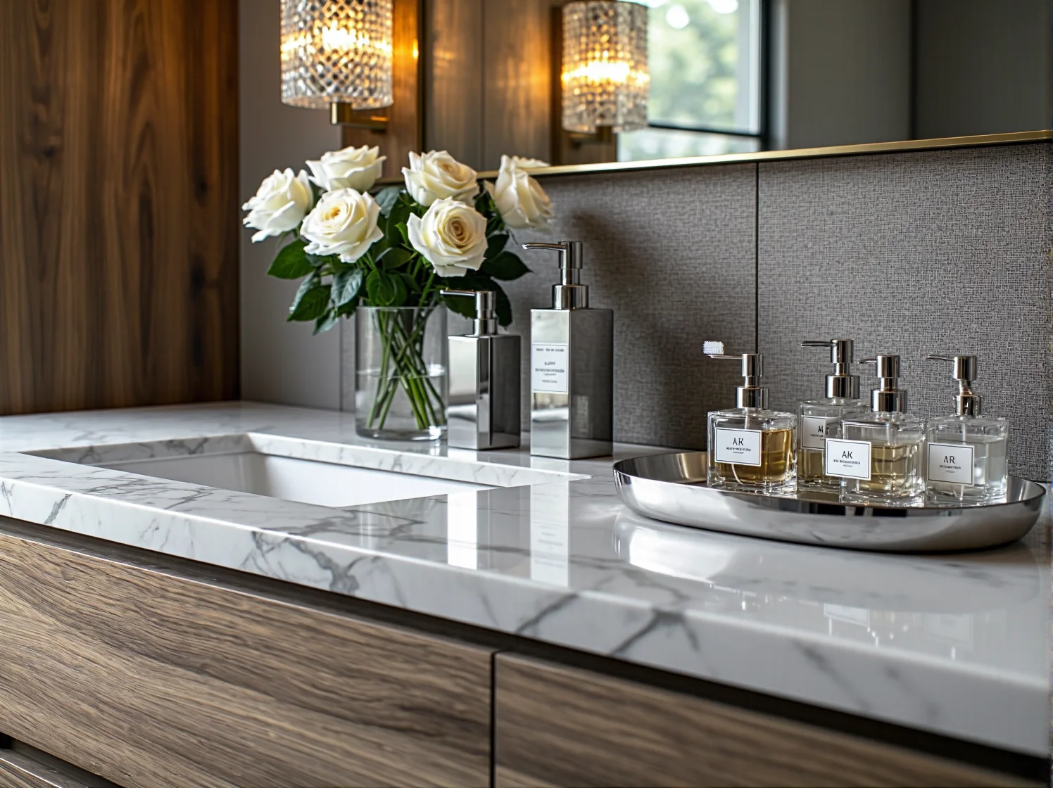 Złote lustro i kryształowe kinkiety jako proste dodatki do łazienki glamour.