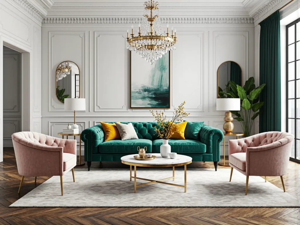 Elegancka sofa chesterfield szmaragdowa z pikowanym welurowym obiciem