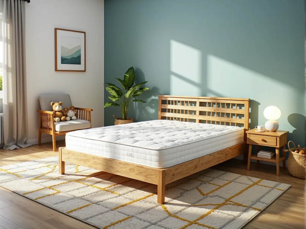 Drewniane łóżko sosnowe z ażurowym zagłówkiem i materacem