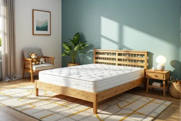 Drewniane łóżko sosnowe z ażurowym zagłówkiem i materacem