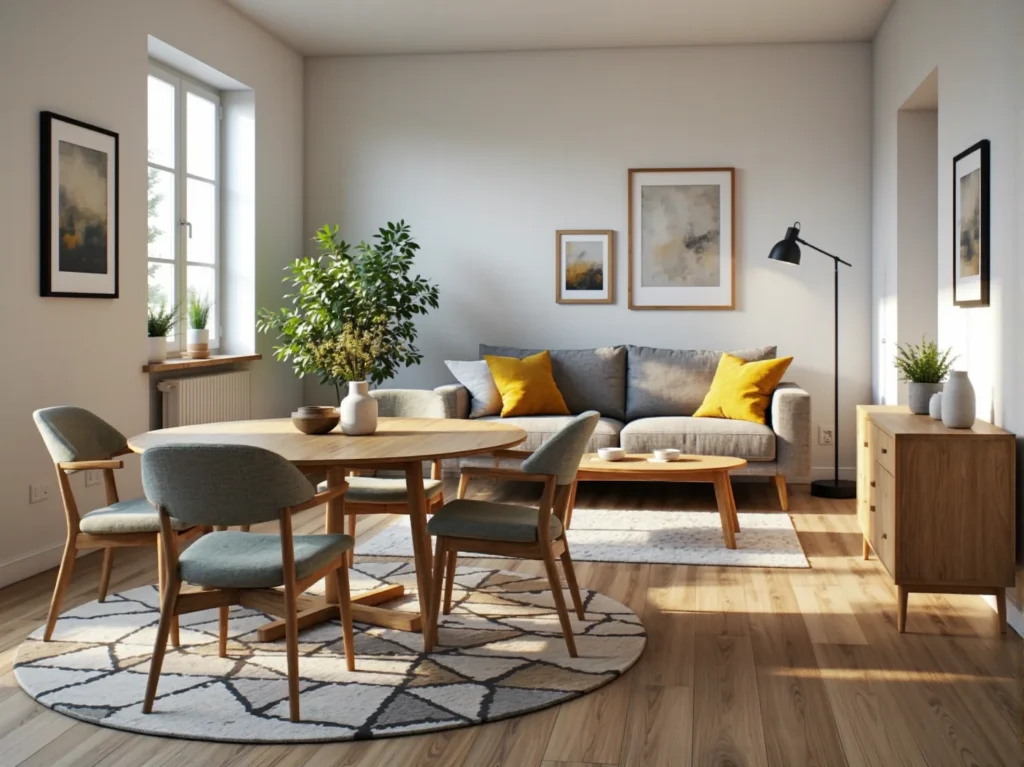 Owalny stół jadalniany dębowy z tapicerowanymi krzesłami w stylu skandynawskim