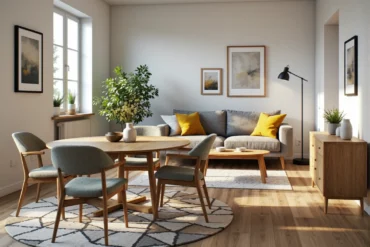 Owalny stół jadalniany dębowy z tapicerowanymi krzesłami w stylu skandynawskim