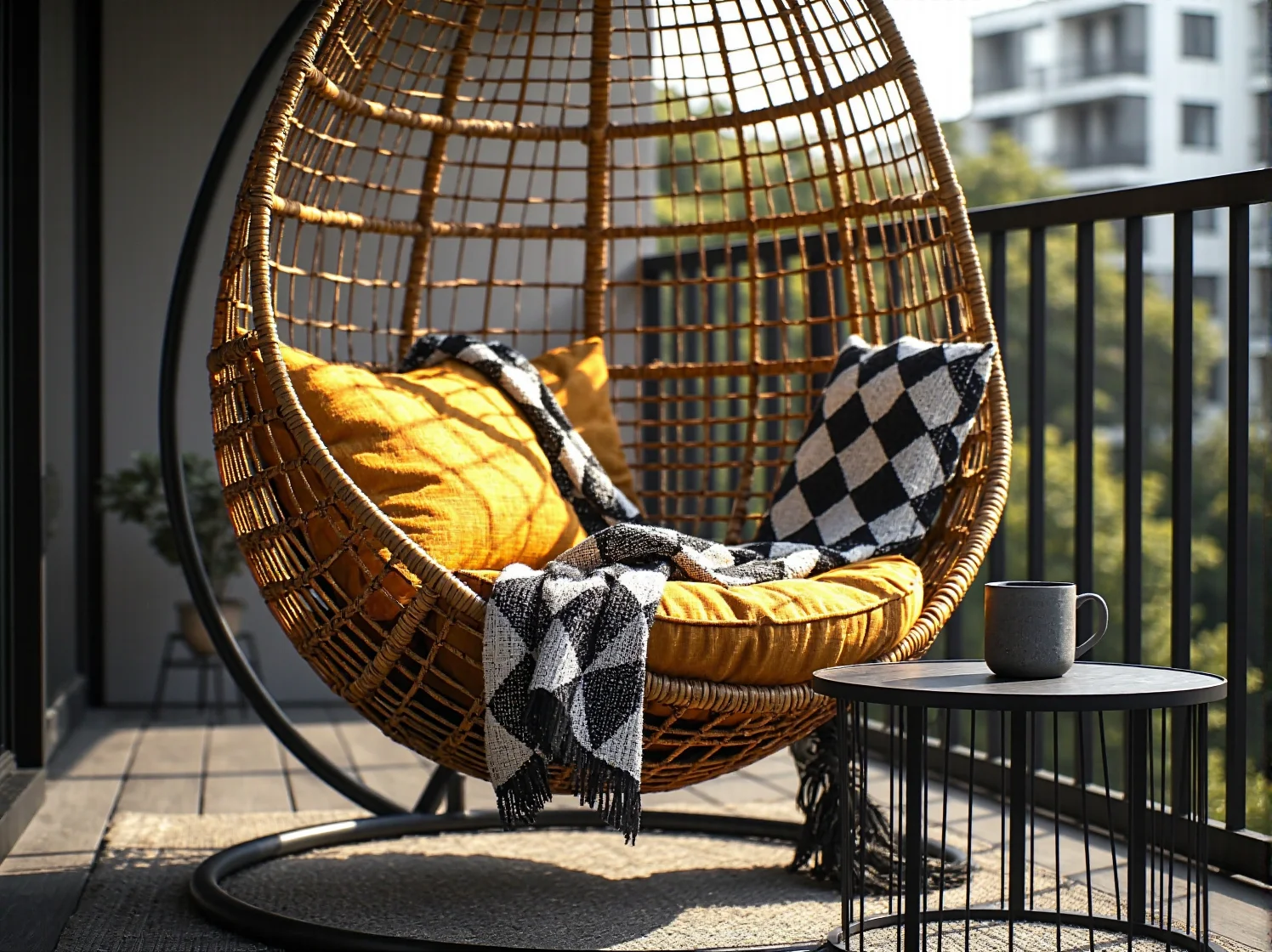 Drewniane meble na taras tworzące przytulną strefę relaksu w mieście