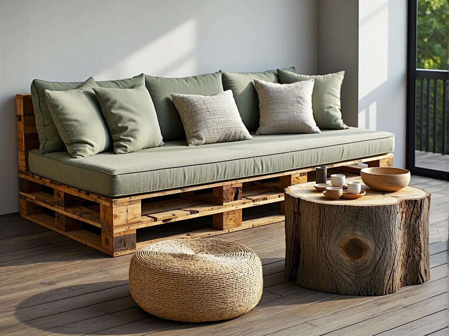 Ekologiczne meble z upcyklingu na drewnianym tarasie, stolik z palet i odnowione fotele.