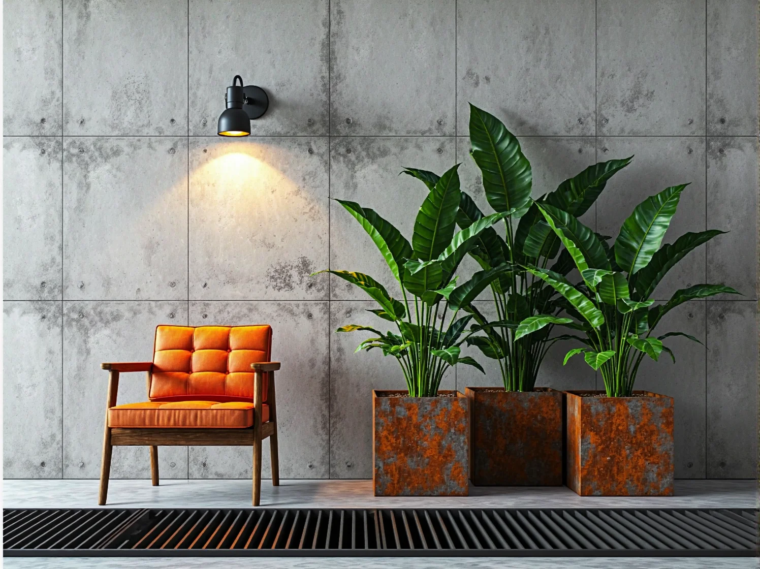 Metalowe meble i przytulne tekstylia na małym balkonie w surowym stylu industrialnym.