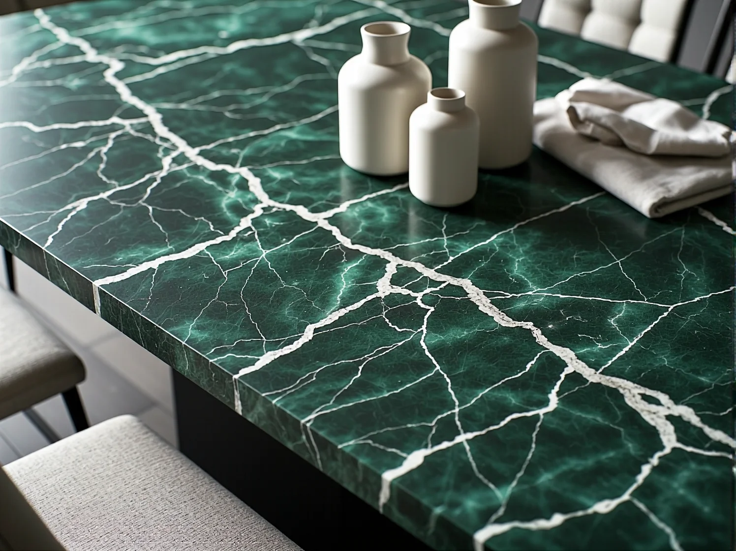 Minimalistyczna jadalnia z meblami z marmuru, inspiracja na stylowe i funkcjonalne mieszkanie.