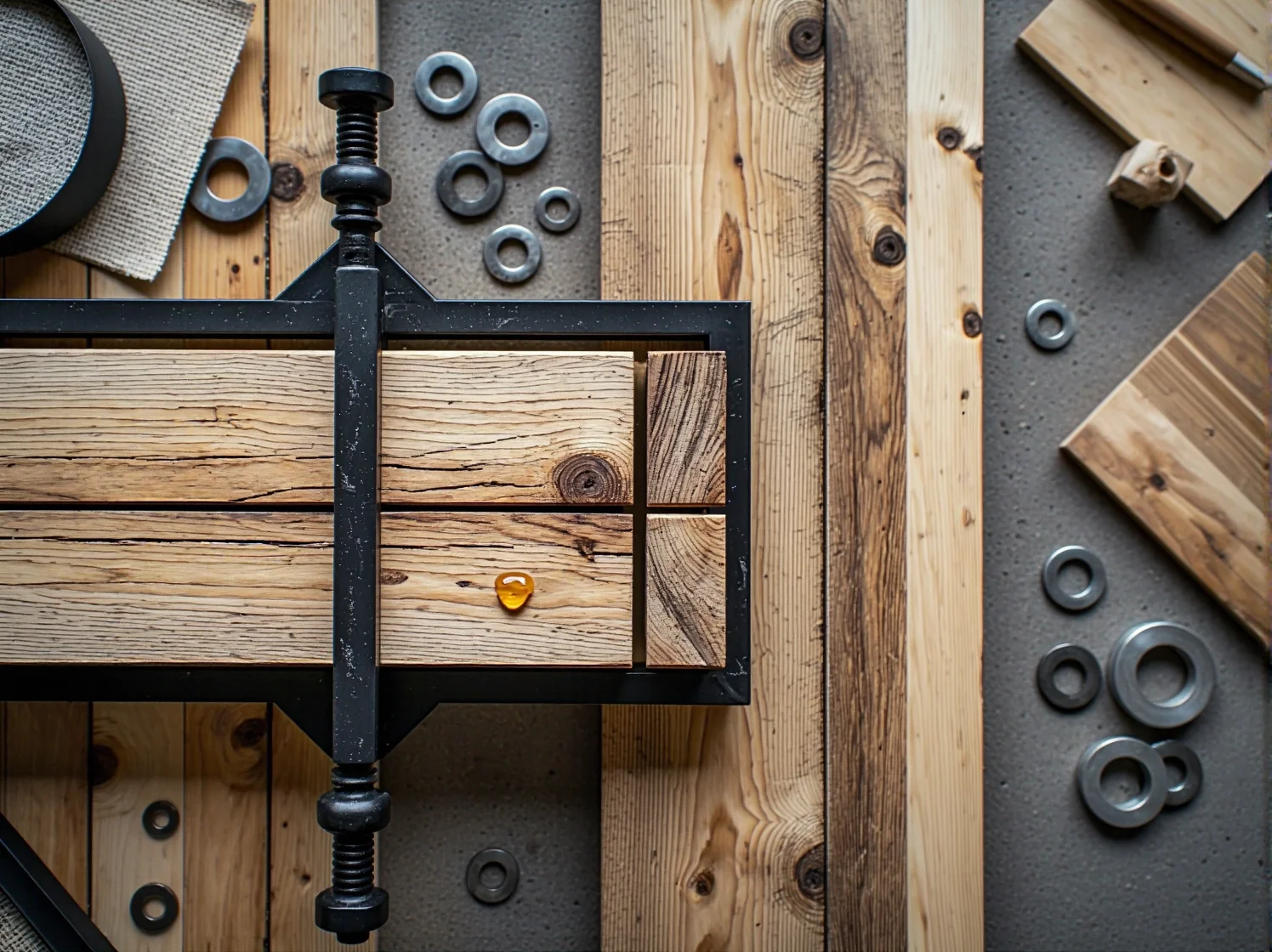 Narzędzia i mocne kleje montażowe używane do spajania trudnych materiałów w warsztacie.