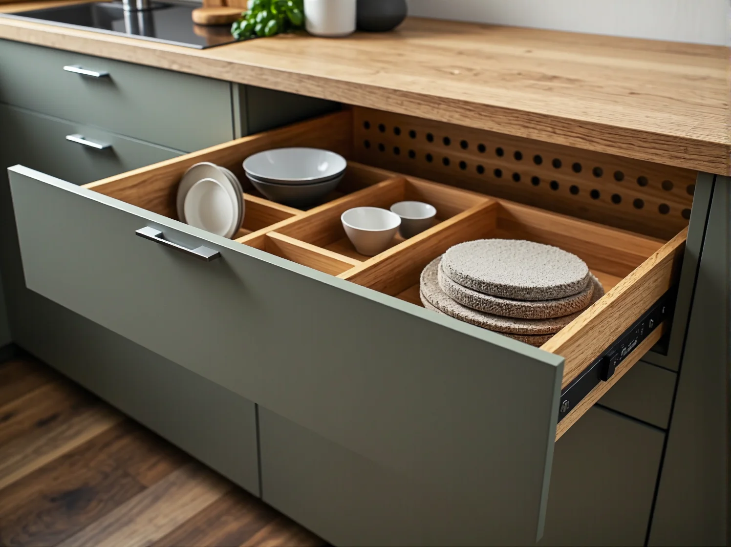 Trendy w projektowaniu kuchni: eleganckie meble modułowe z drewnianymi frontami.