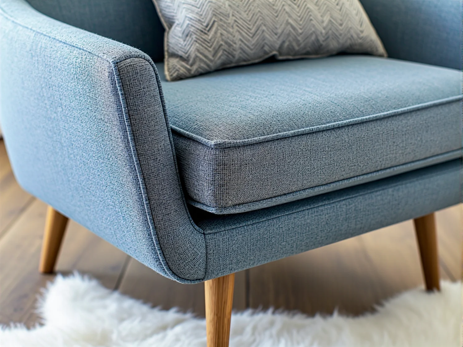 Musztardowy fotel typu uszak w stylu skandynawskim jako akcent w salonie.