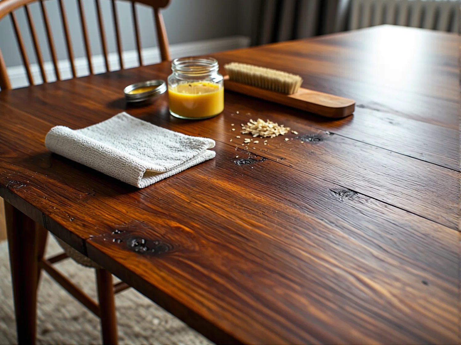 Delikatne czyszczenie starego krzesła drewnianego miękką ściereczką