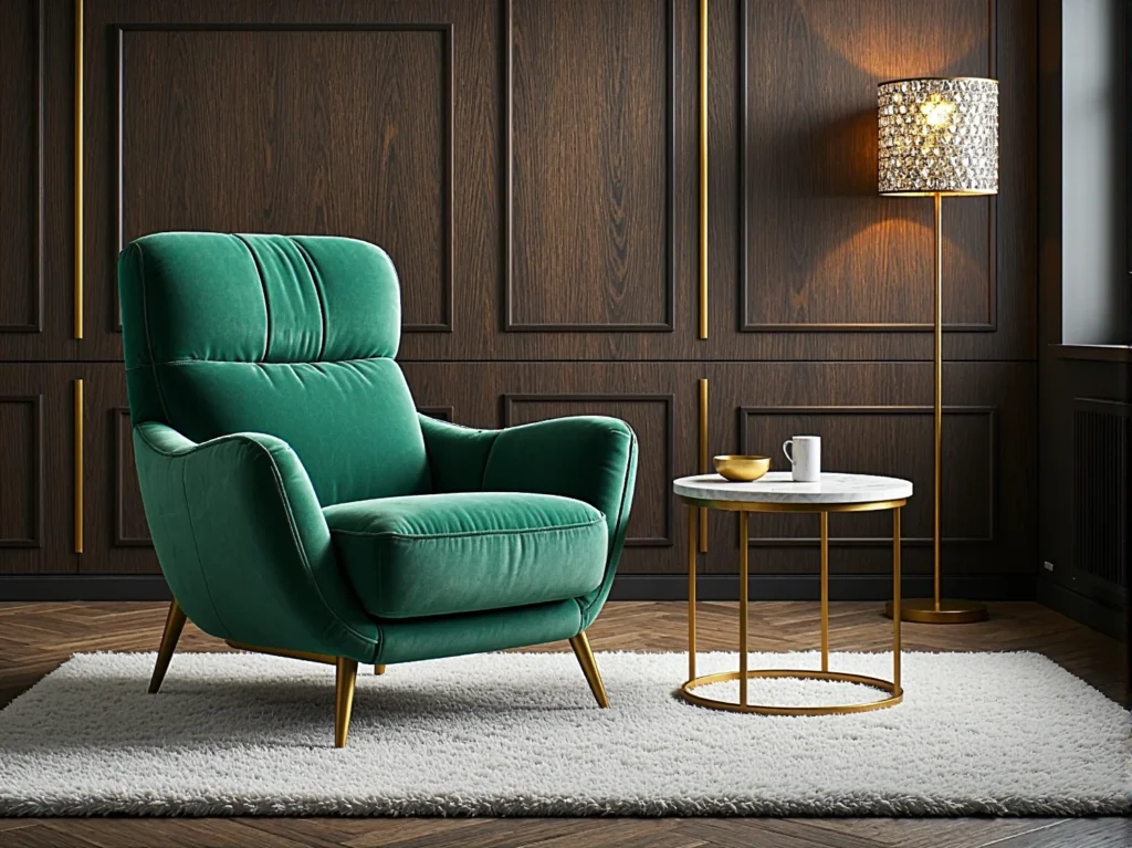 Zielony fotel wypoczynkowy welurowy na złotych nóżkach