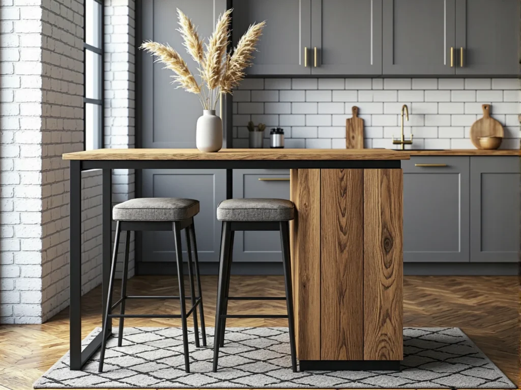 Wyspa kuchenna dębowa z czarną metalową ramą i hokerami