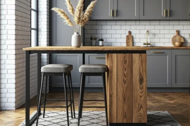 Wyspa kuchenna dębowa z czarną metalową ramą i hokerami