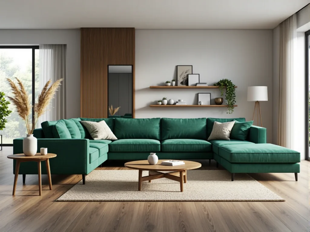 Narożnik tapicerowany zielony z szezlongiem na drewnianych nóżkach