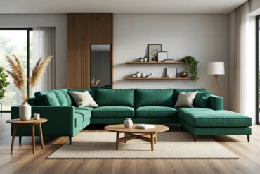 Narożnik tapicerowany zielony z szezlongiem na drewnianych nóżkach