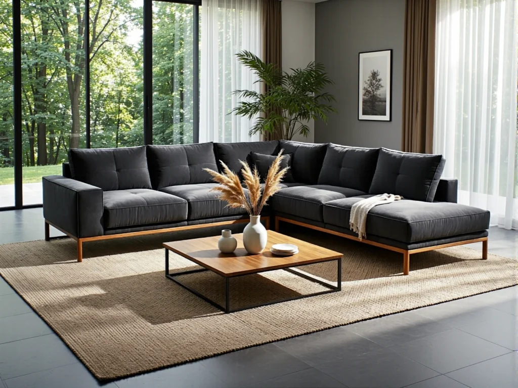 Narożnik tapicerowany grafitowy na drewnianych nogach z pikowanymi oparciami