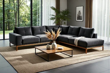 Narożnik tapicerowany grafitowy na drewnianych nogach z pikowanymi oparciami