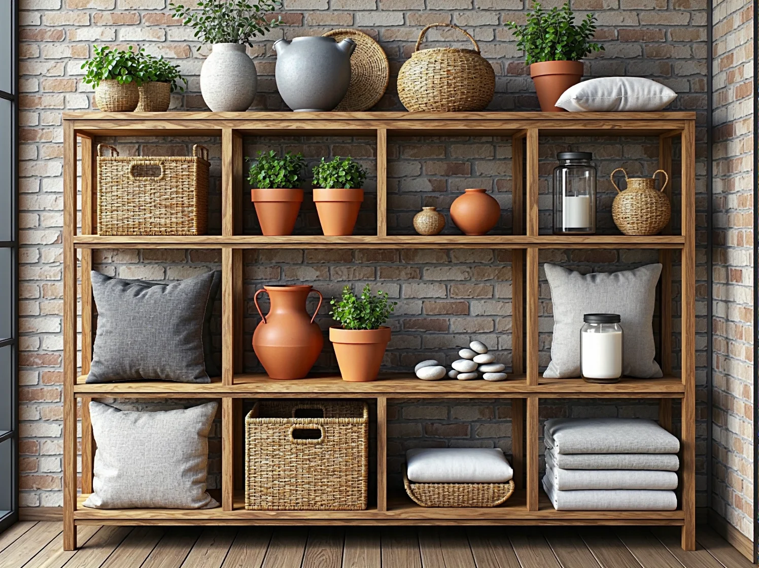 Naturalne dodatki na taras: plecione donice, lniane poduszki i dywanik z trawy morskiej w stylu eko.