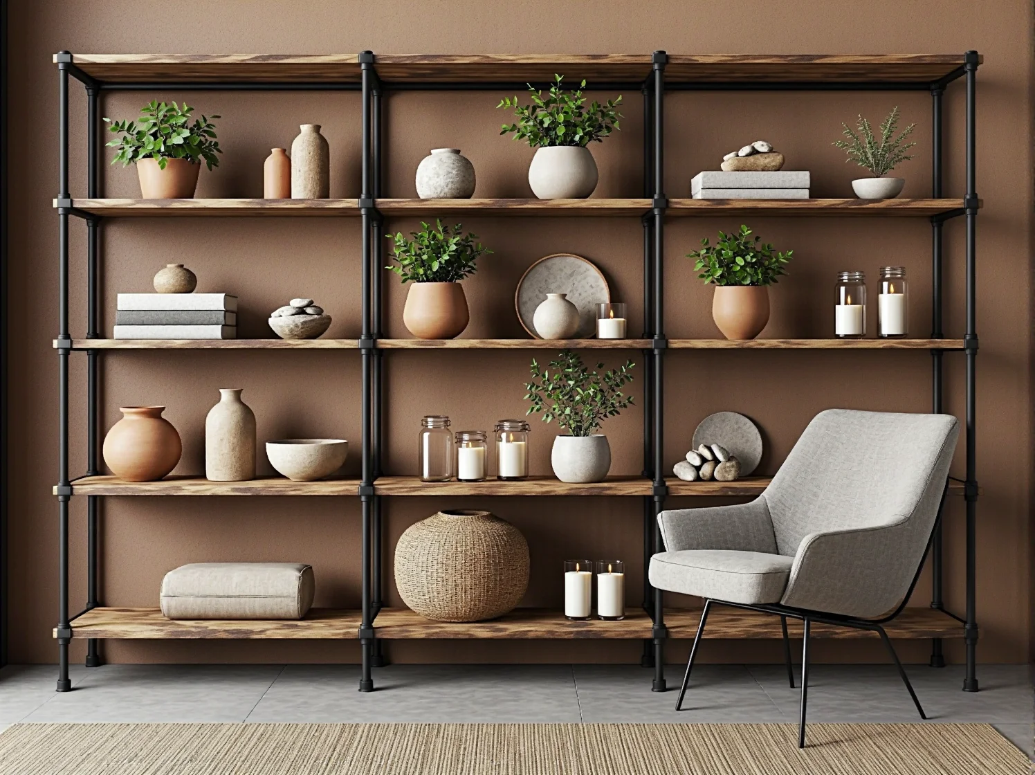 Naturalne dodatki w salonie: rośliny doniczkowe, lniane zasłony i bambusowy dywan.