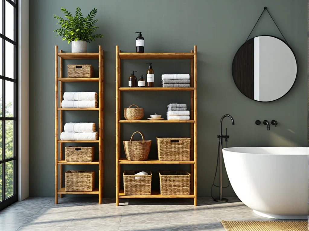 Bambusowe regały łazienkowe z otwartymi półkami w naturalnym kolorze