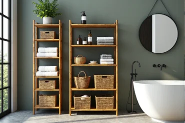 Bambusowe regały łazienkowe z otwartymi półkami w naturalnym kolorze