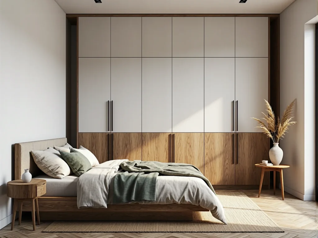 Duża szafa garderobiana biało-dębowa z czarnymi uchwytami