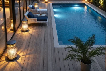 Rattanowe meble wypoczynkowe ogrodowe z granatowymi poduszkami