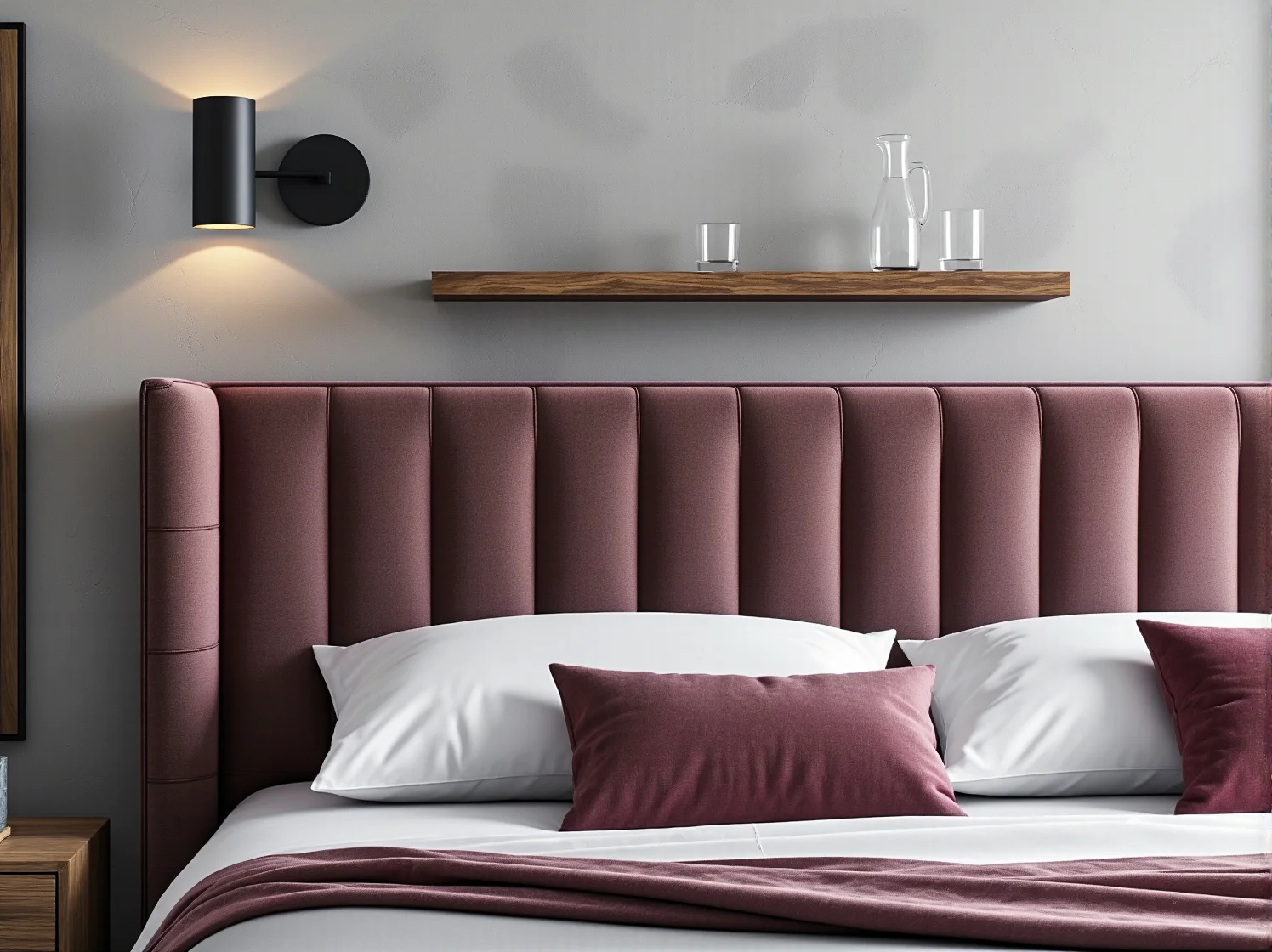 Aranżacja sypialni hotelowej z nowoczesnym łóżkiem tapicerowanym.